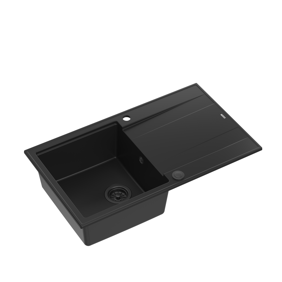 Zlewozmywak granitowy czarny matowy Quadron Evan 111 GraniteQ z syfonem Push 2 Open pure carbon elementy pure carbon