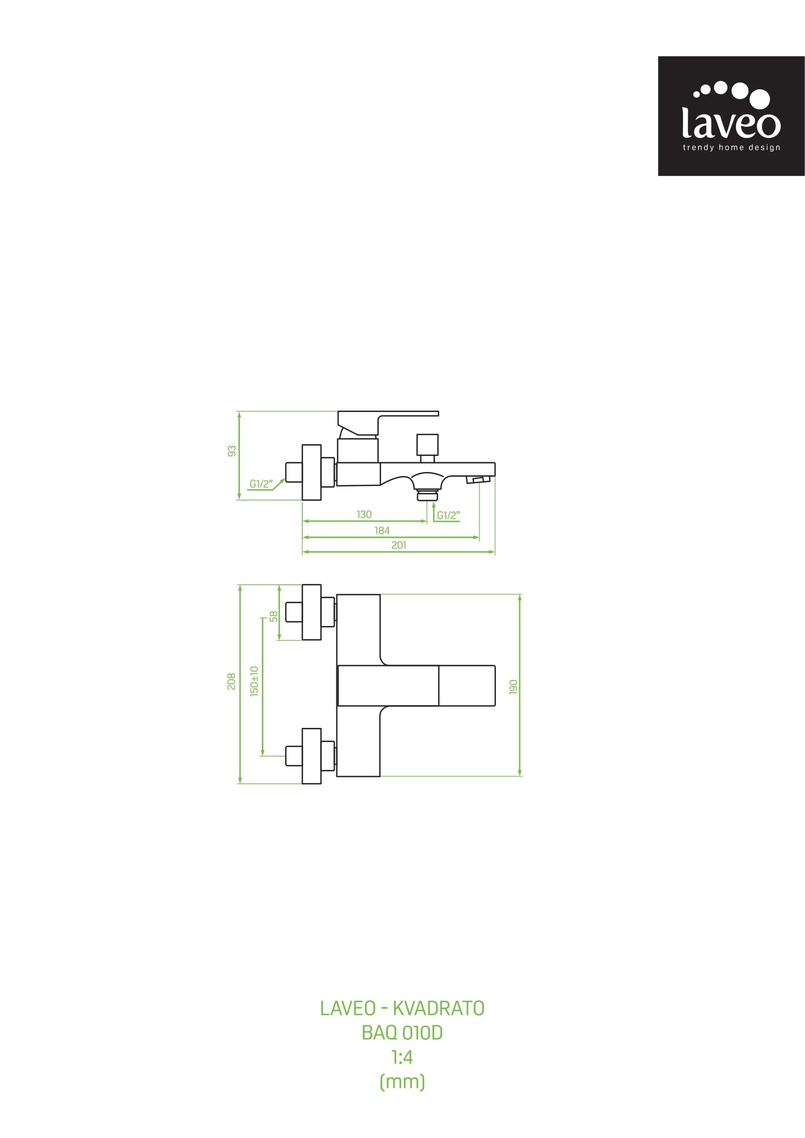 Bateria wannowa ścienna bez zestawu natryskowego Laveo Kvadrato
