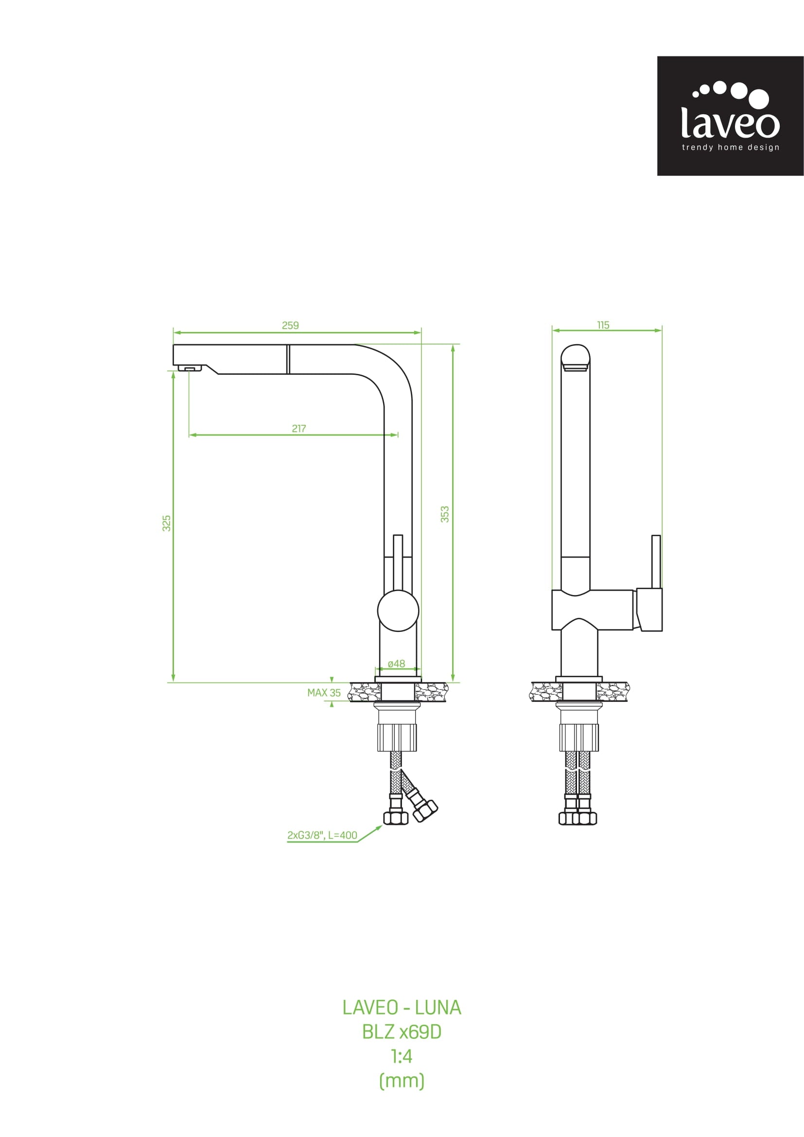 Bateria kuchenna stojąca z wyciąganą wylewką Laveo Luna