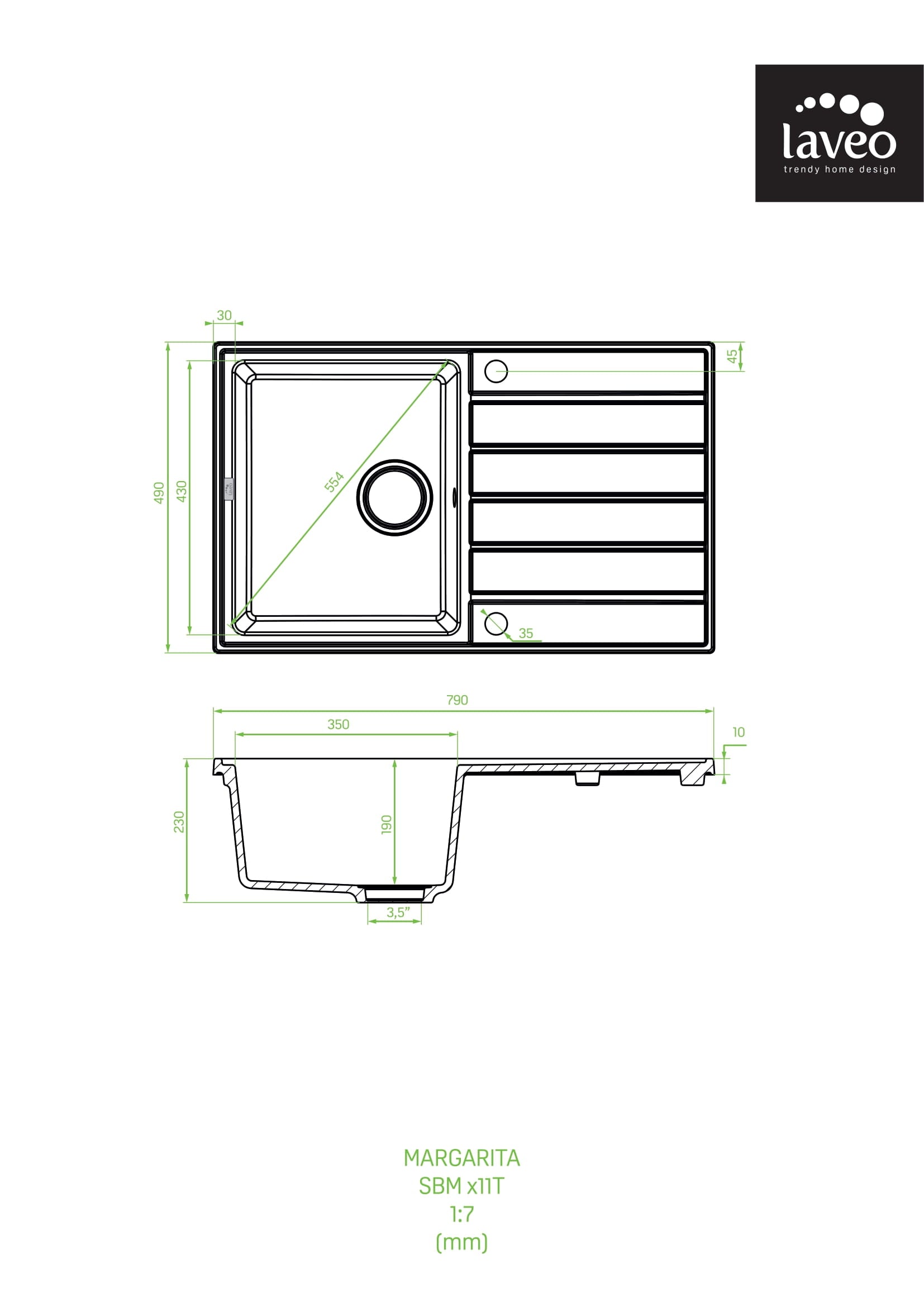 Zlewozmywak granitowy jednokomorowy z ociekaczem Laveo Margarita