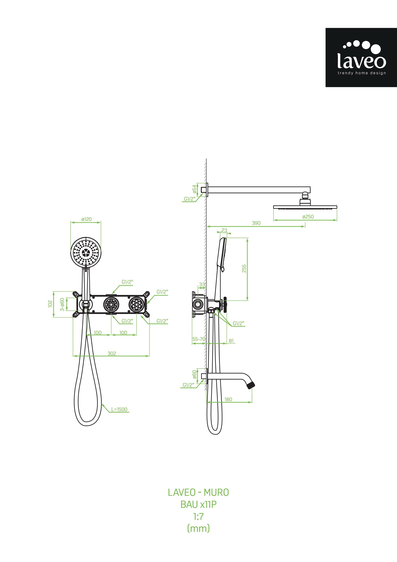 Bateria wannowo-natryskowa podtynkowa z zestawem natryskowym Laveo Muro
