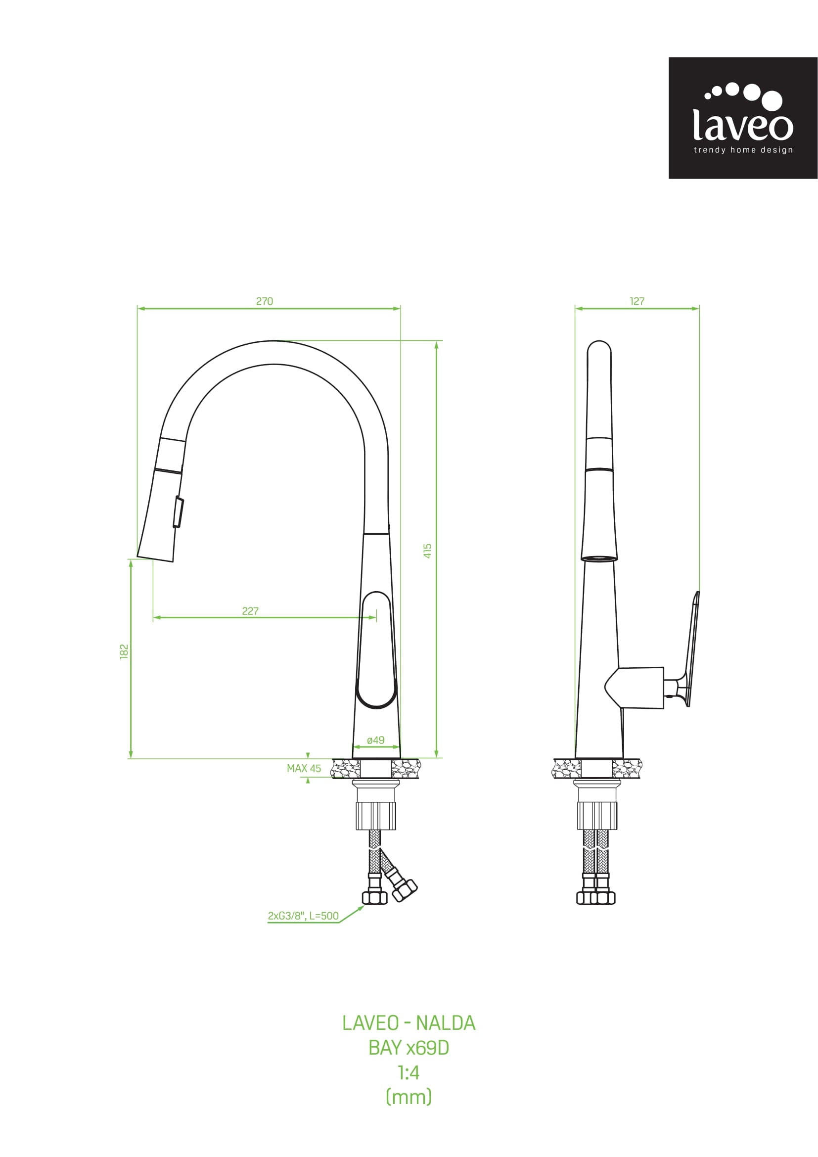 Bateria kuchenna stojąca z wyciąganą wylewką Laveo Nalda
