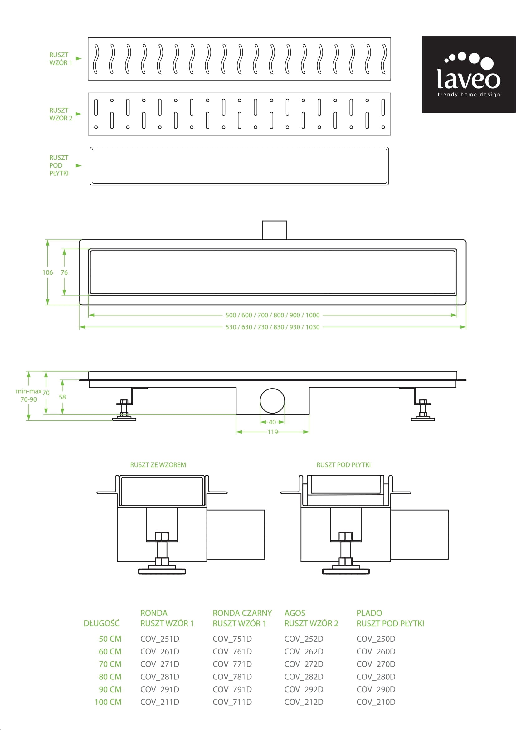Czarny odpływ liniowy 100 cm Laveo Ronda