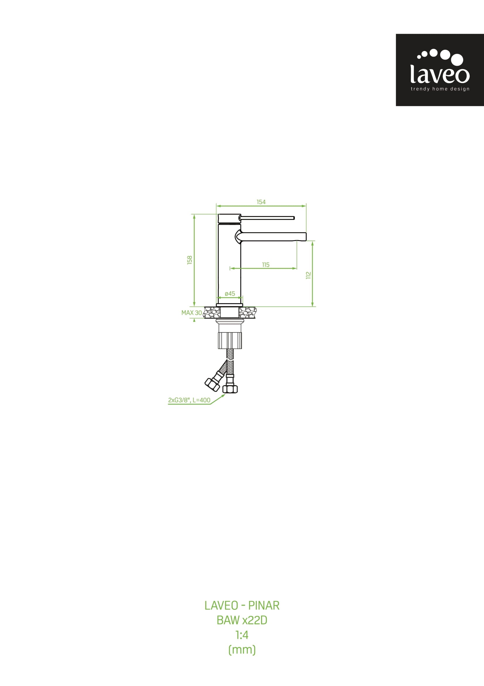 Bateria umywalkowa stojąca z korkiem Laveo Pinar