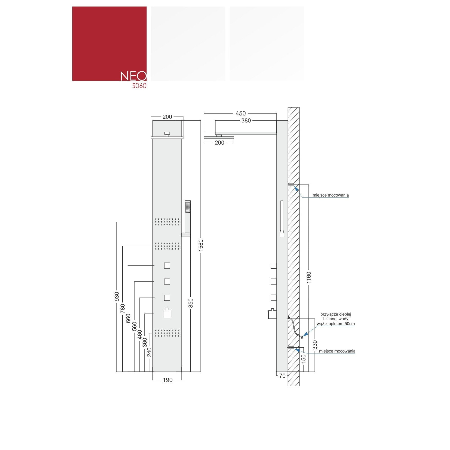 Panel prysznicowy Corsan Neo S060 z termostatem i oświetleniem LED