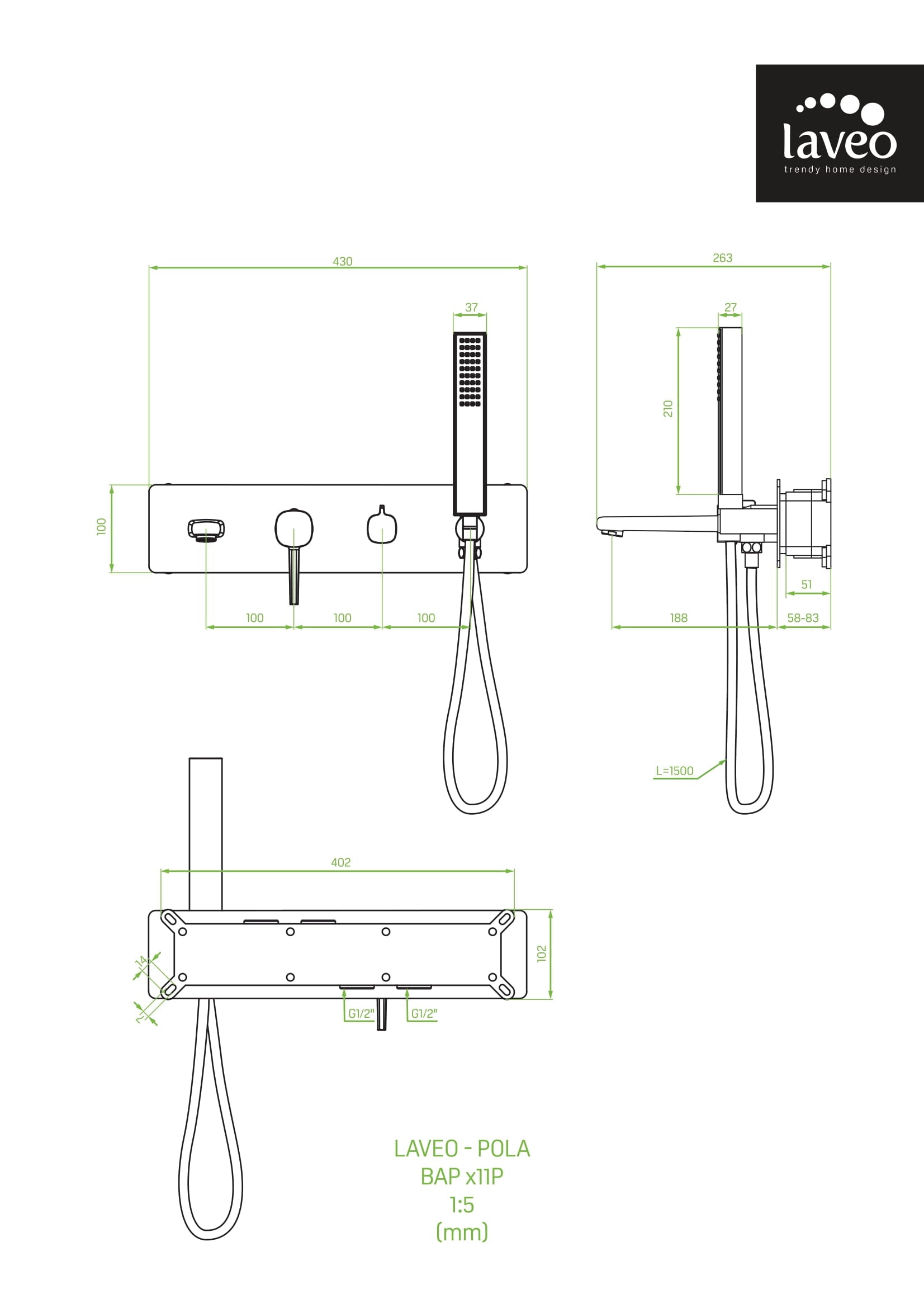 Bateria wannowa podtynkowa z zestawem natryskowym Laveo Pola