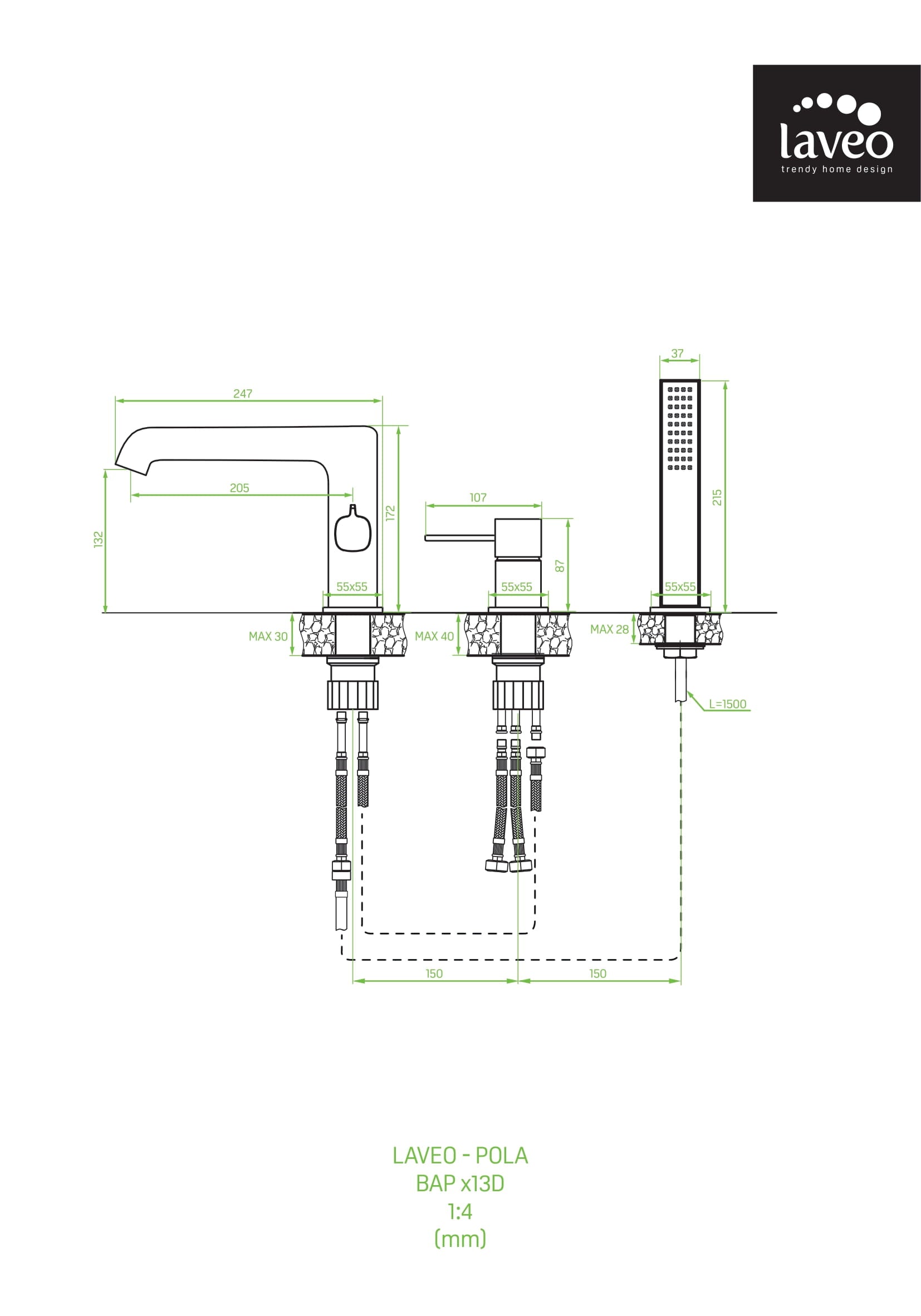 Bateria wannowa stojąca 3-otworowa Laveo Pola