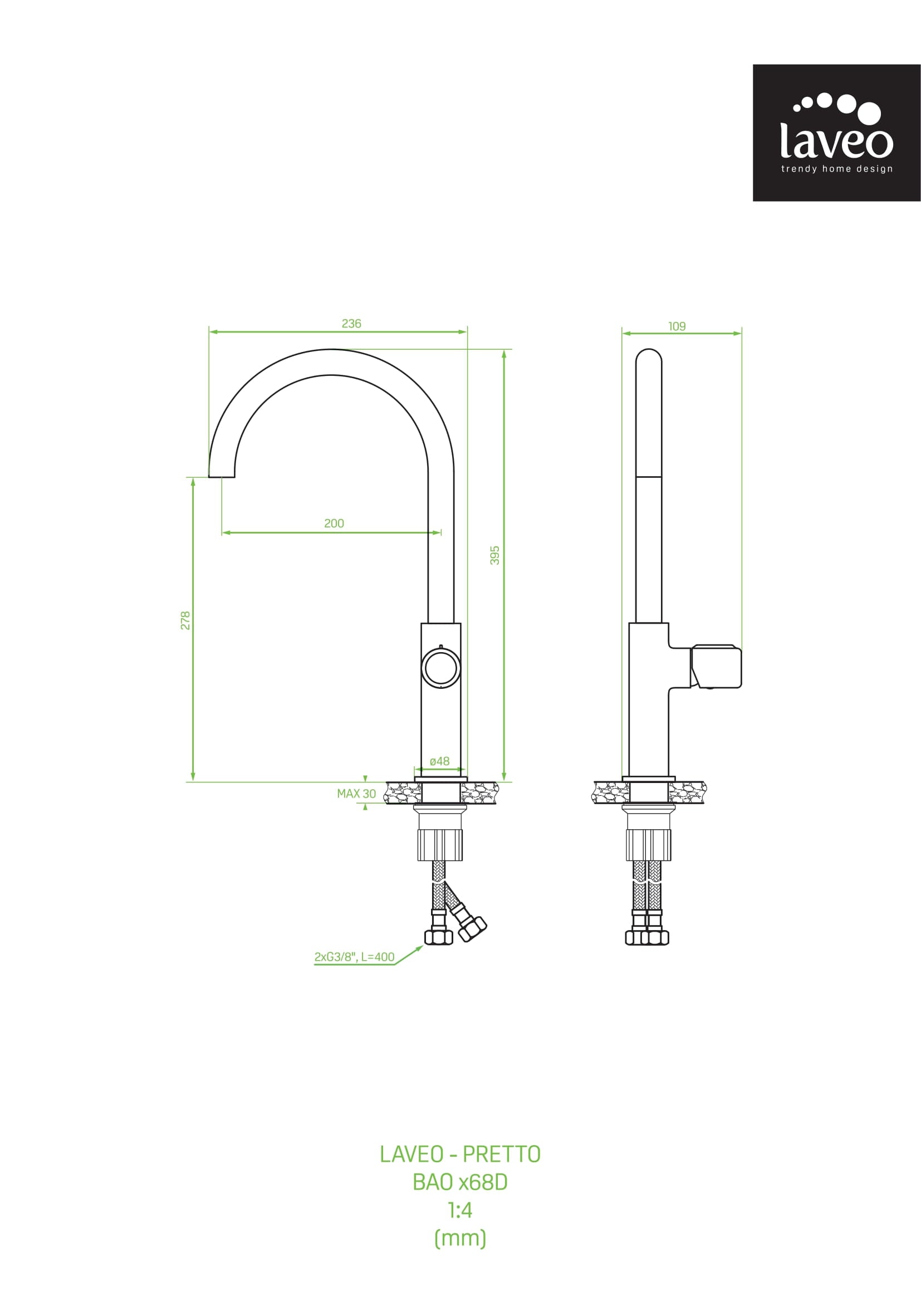 Bateria kuchenna stojąca z wylewką U Laveo Pretto