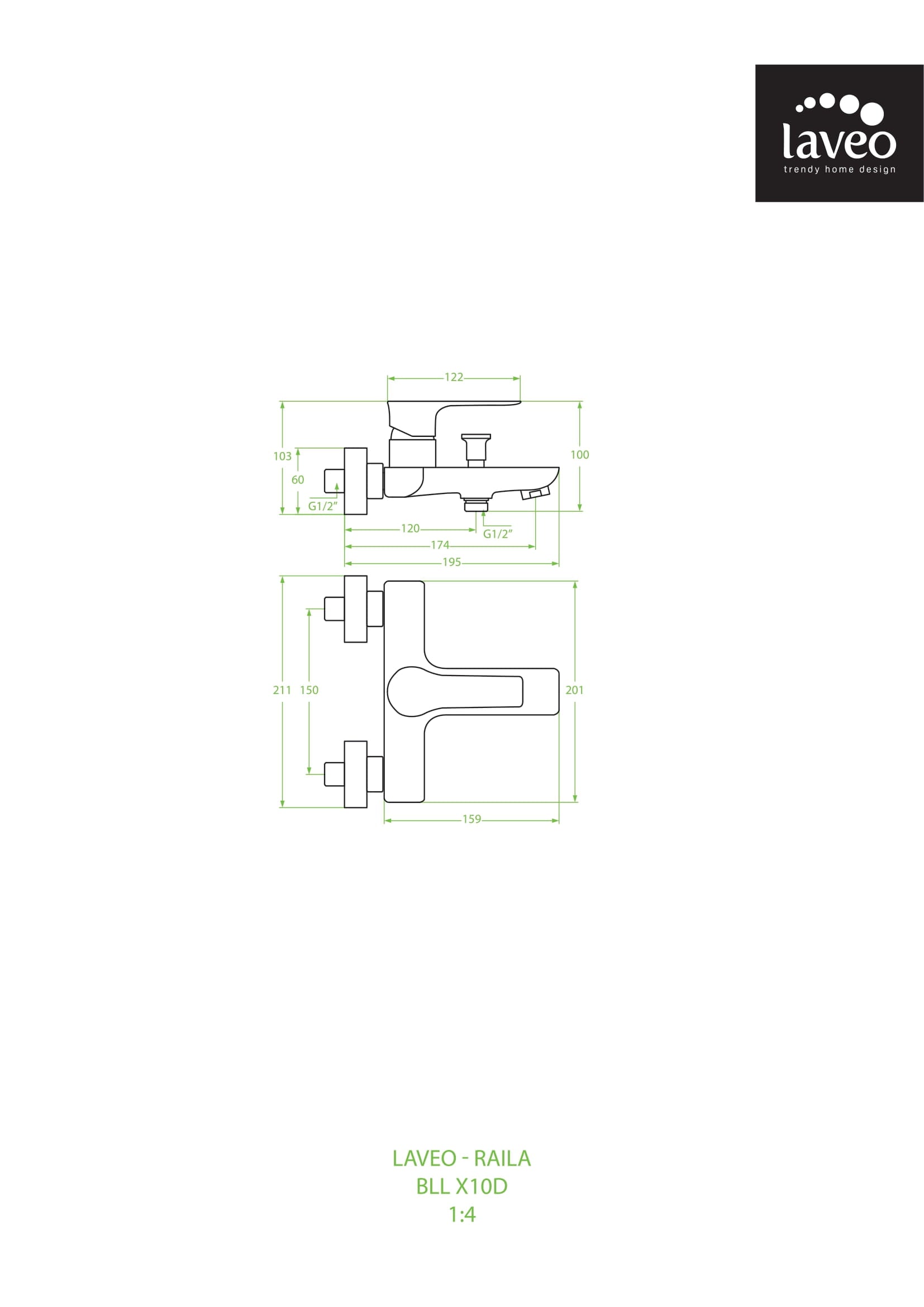Bateria wannowa ścienna bez zestawu natryskowego Laveo Raila