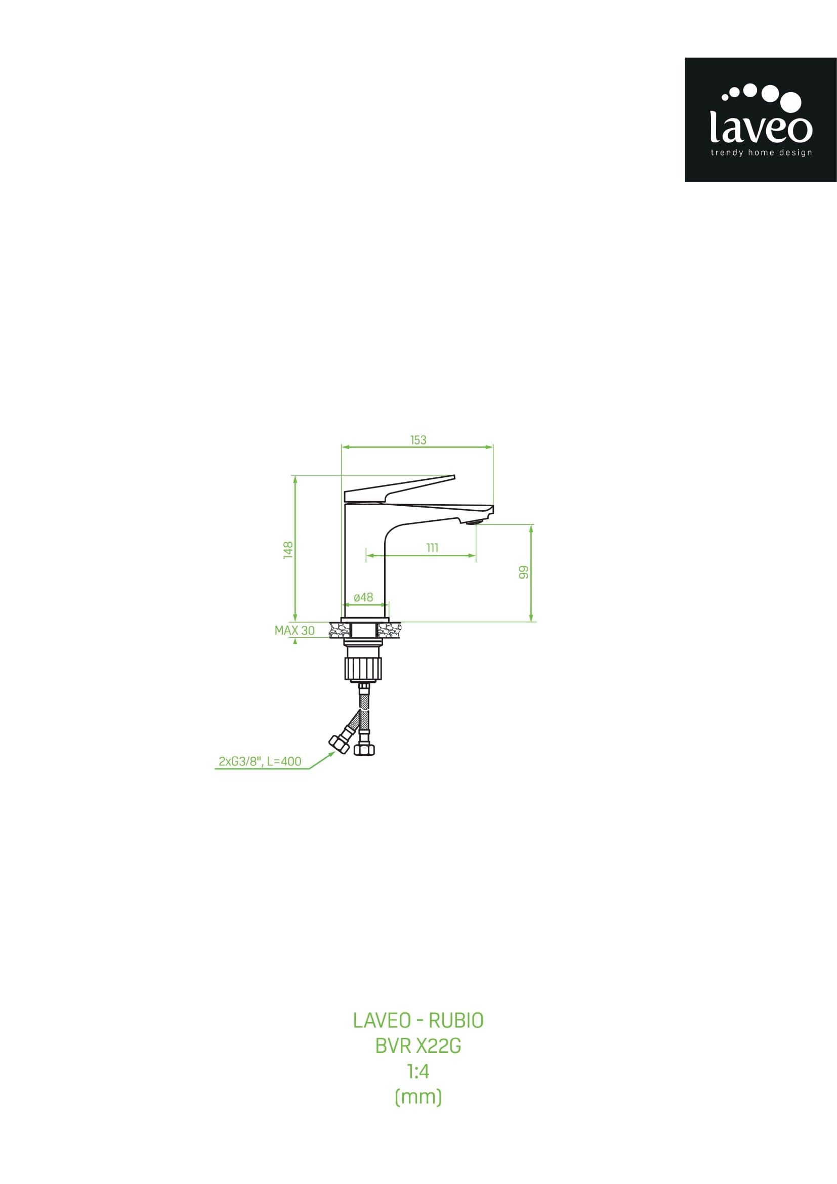 Bateria umywalkowa stojąca z korkiem Laveo Rubio