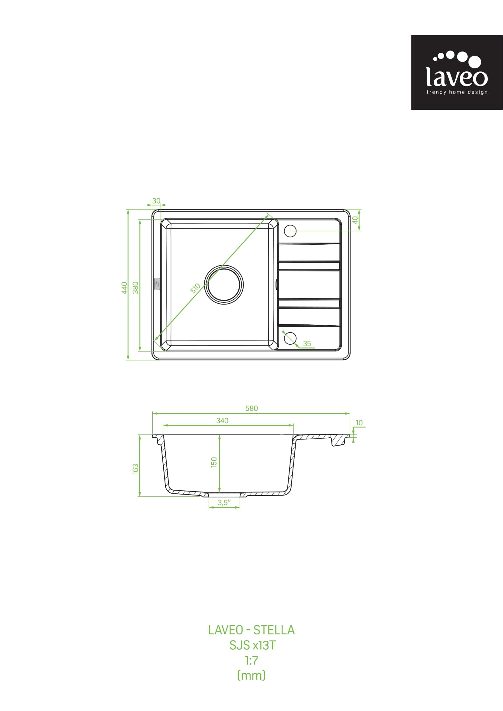 Zlewozmywak granitowy jednokomorowy z półociekaczem Laveo Stella