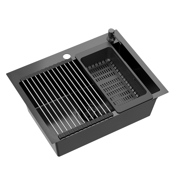 Zlewozmywak stalowy jednokomorowy czarny QUADRON LUKE 110 WORKSTATION Qmata + Wkładka + Dozownik + Deska
