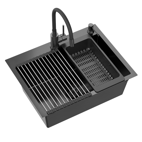 Zlewozmywak stalowy jednokomorowy czarny QUADRON LUKE 110 WORKSTATION  Qmata + Wkładka + Dozownik + Deska + bateria z elastyczną wylewką black metal