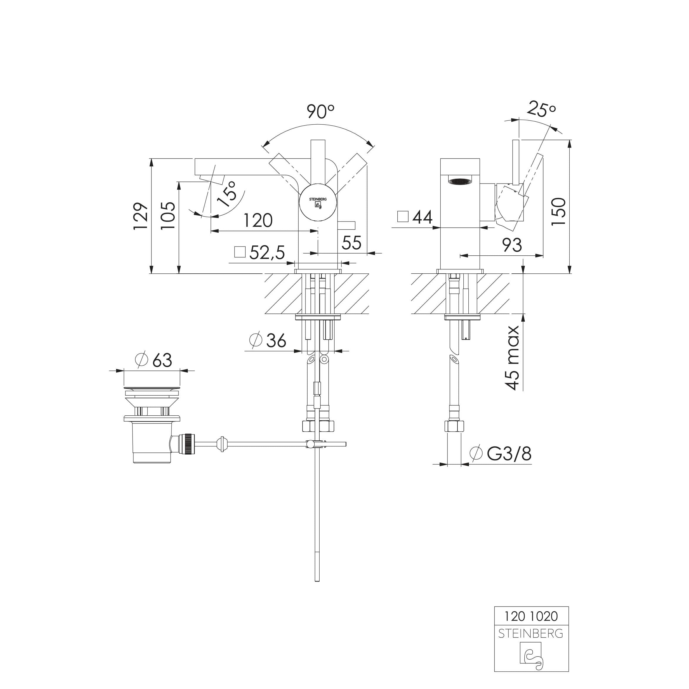 Bateria umywalkowa Steinberg Seria 120 1020 / 1025, z opcją korka