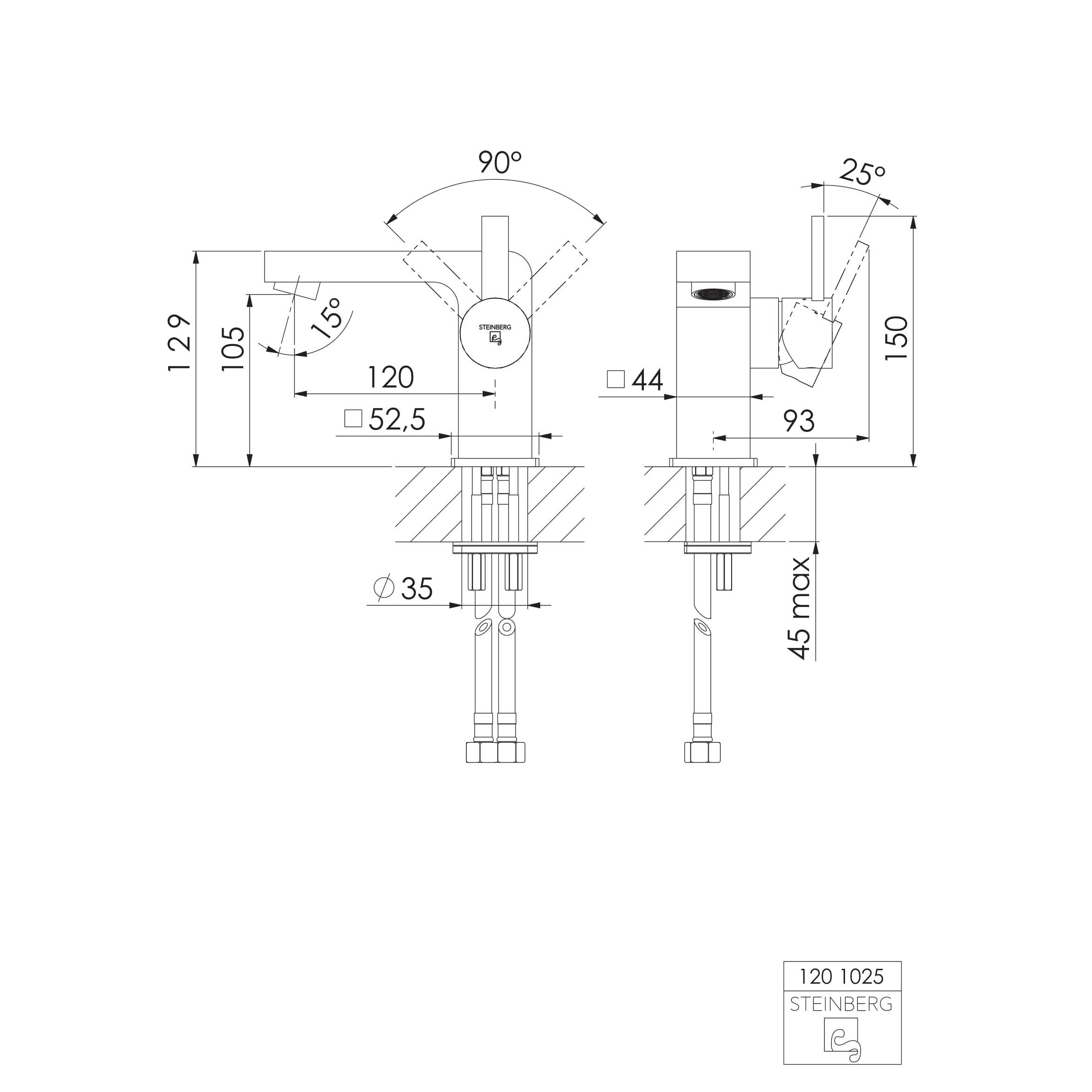 Bateria umywalkowa Steinberg Seria 120 1020 / 1025, z opcją korka