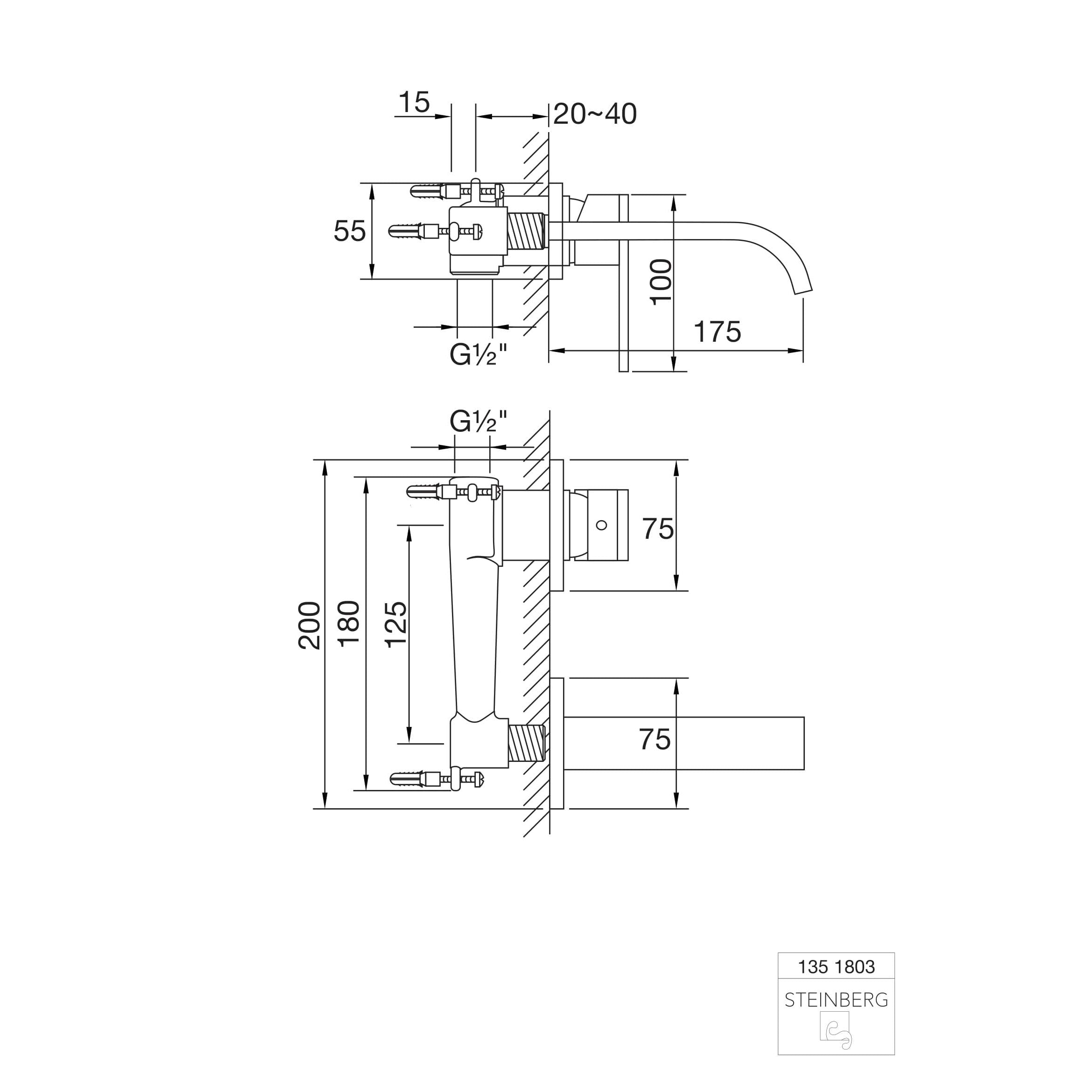 Bateria umywalkowa ścienna Steinberg Seria 135 1803 / 1817, wylewka 175 / 200 mm