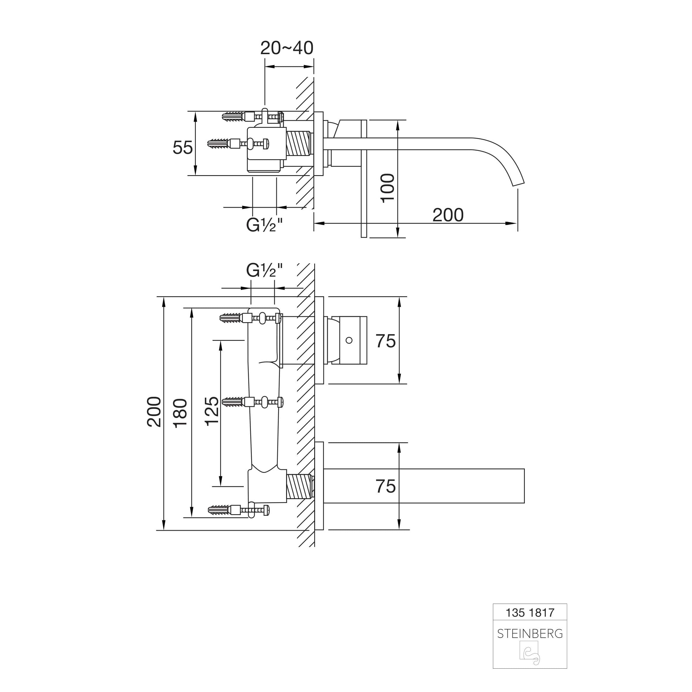 Bateria umywalkowa ścienna Steinberg Seria 135 1803 / 1817, wylewka 175 / 200 mm