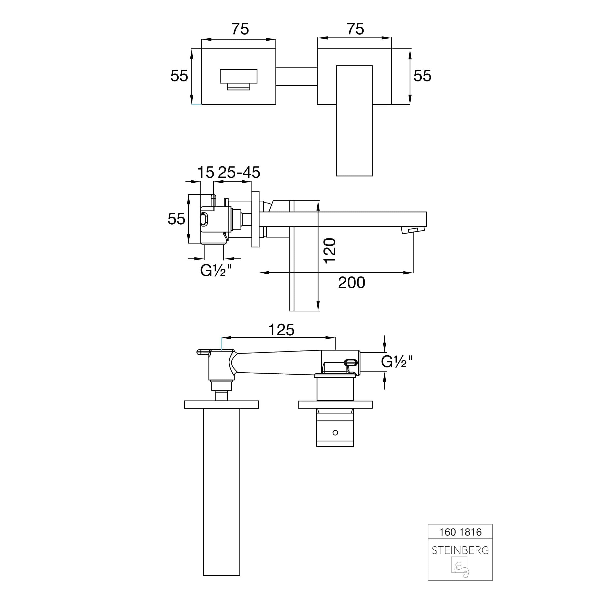 Bateria umywalkowa ścienna Steinberg Seria 160 1802/1816/1820, wylewka 170/200/250 mm