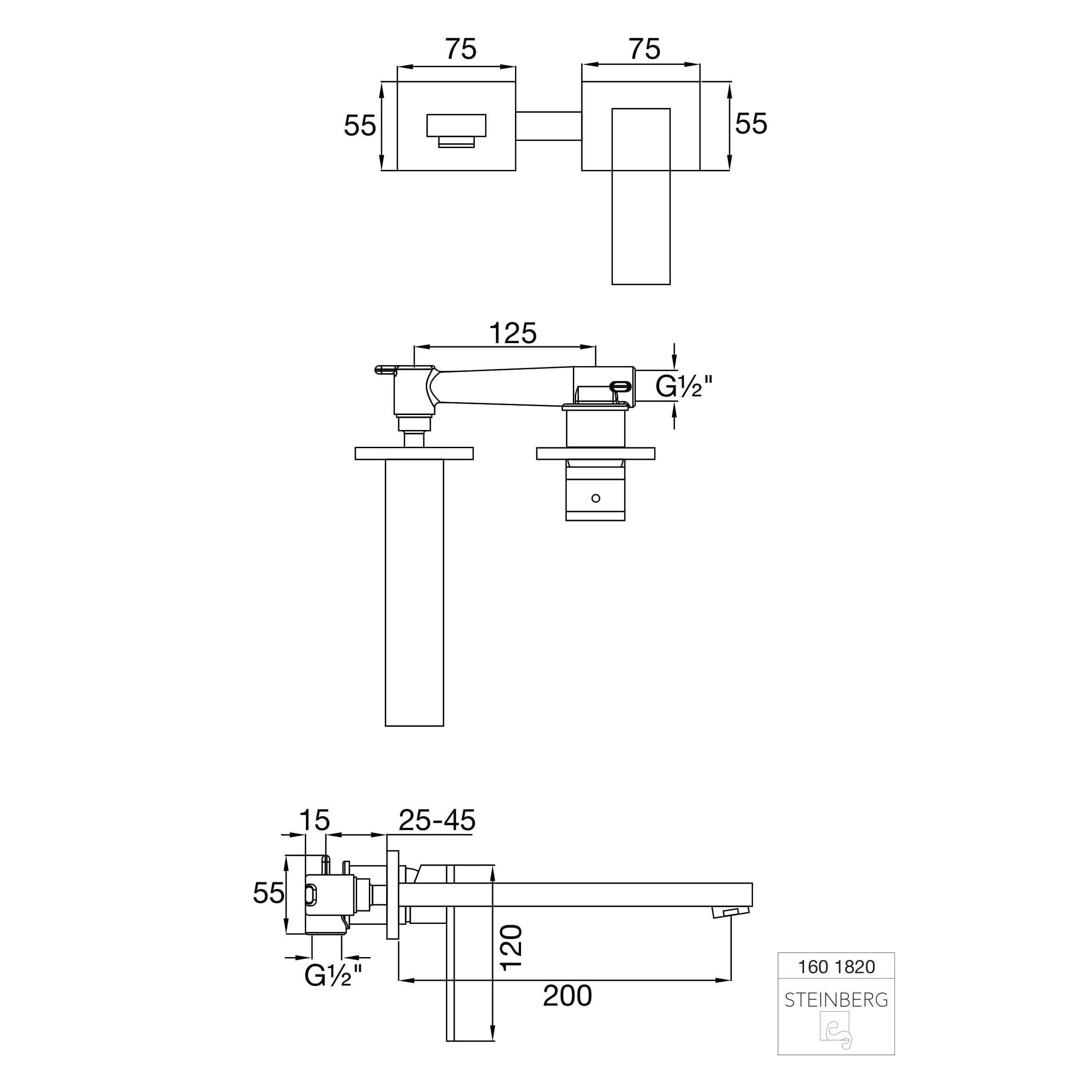 Bateria umywalkowa ścienna Steinberg Seria 160 1802/1816/1820, wylewka 170/200/250 mm