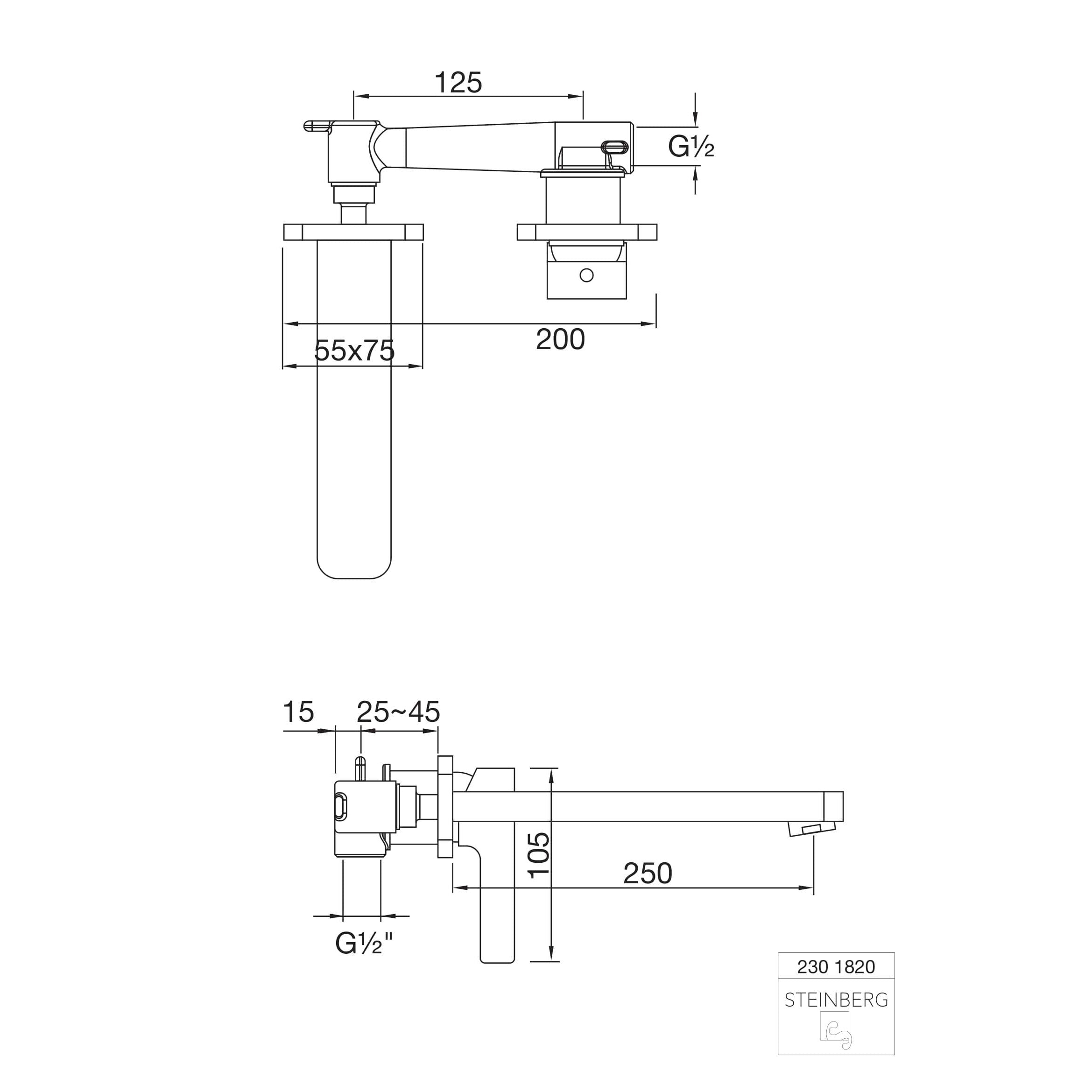 Bateria umywalkowa ścienna Steinberg Seria 230 1800 / 1815 / 1820, wylewka 175/205/250 mm