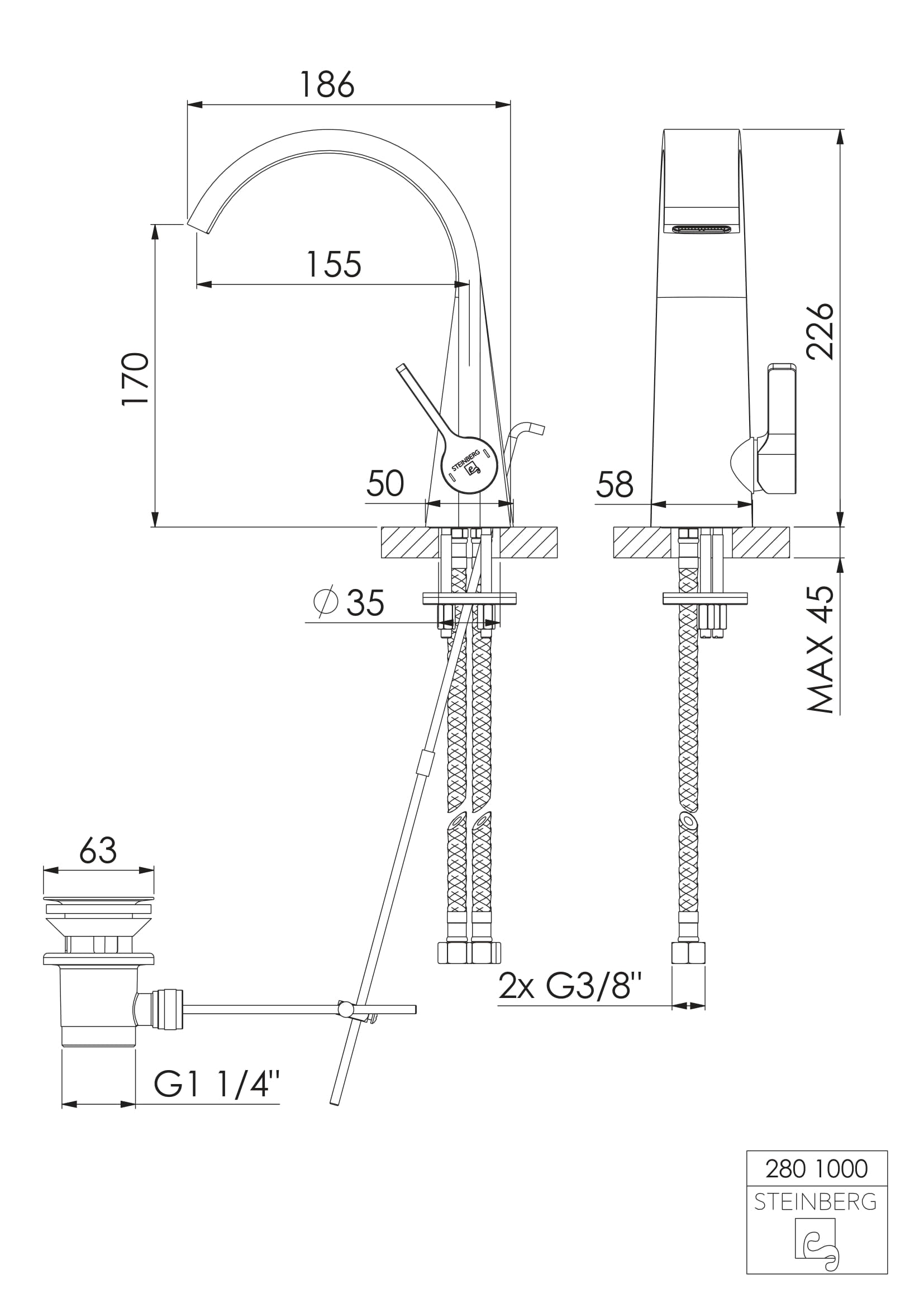 Bateria umywalkowa Steinberg Seria 280 1000 / 1010, z opcją korka