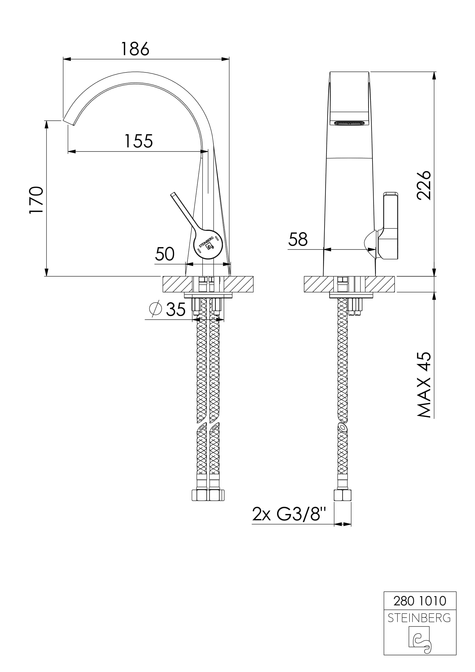 Bateria umywalkowa Steinberg Seria 280 1000 / 1010, z opcją korka