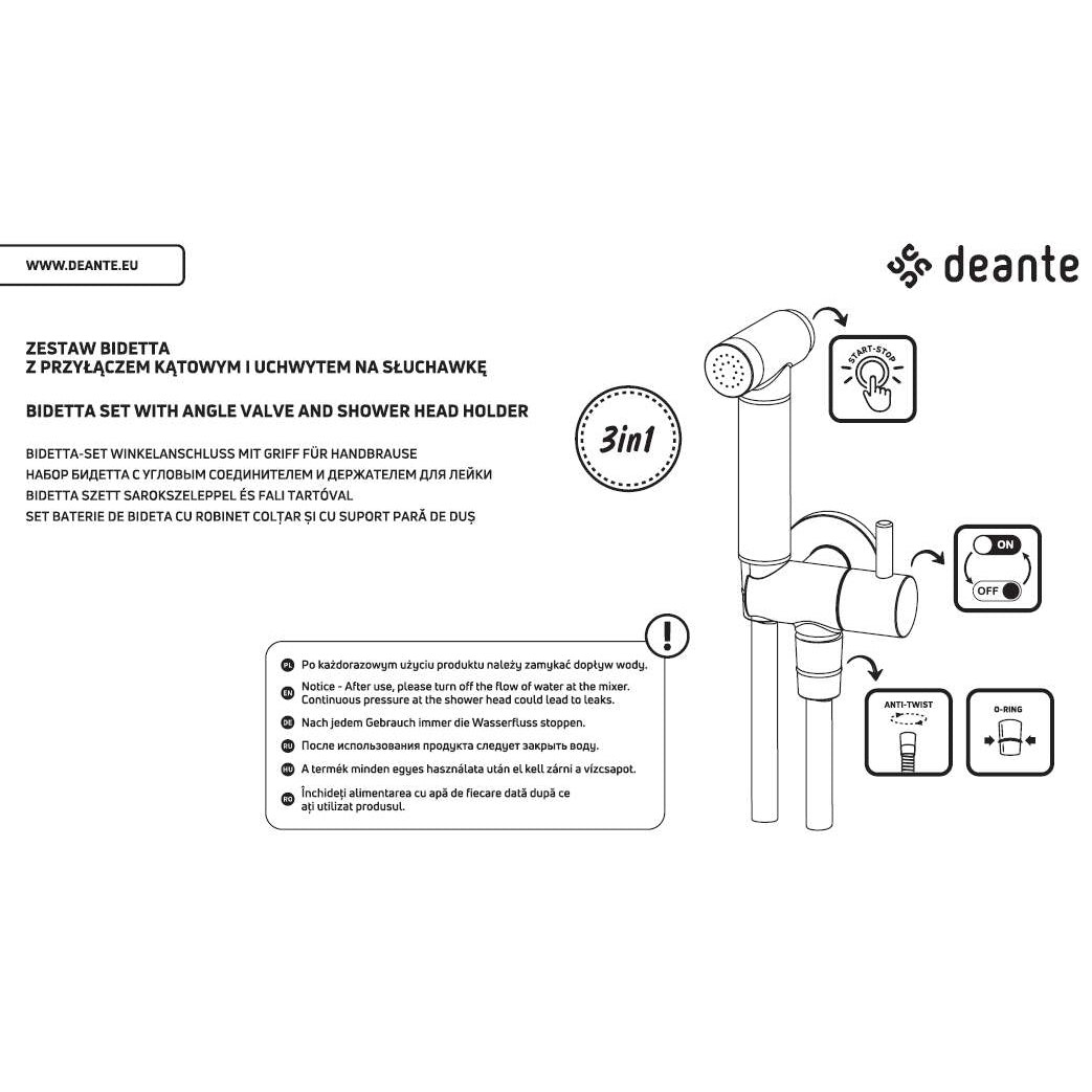 Zestaw bidetta punktowy z przyłączem kątowym - uchwyt na słuchawkę Deante Bidetta ANW_051B 4