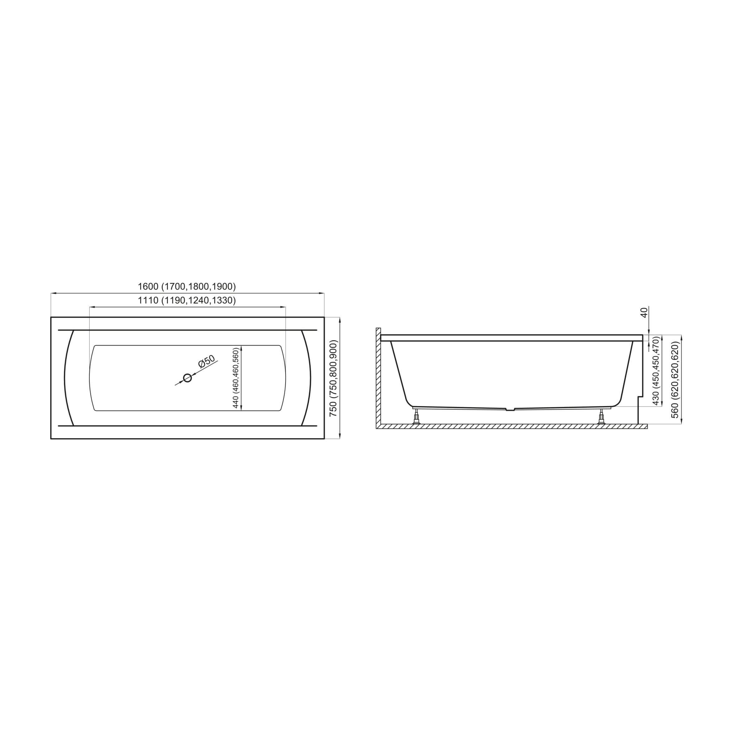 Wanna do zabudowy 160x75 INES Polimat