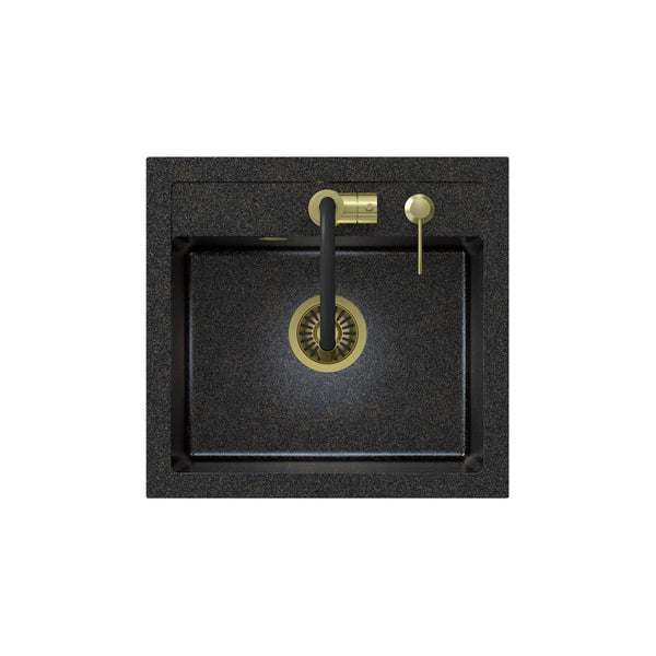 Zlewozmywak granitowy czarny opalizacja złota Steiner ART JOHNNY 110 z baterią Maggie, syfonem i dozownikiem/zaślepką