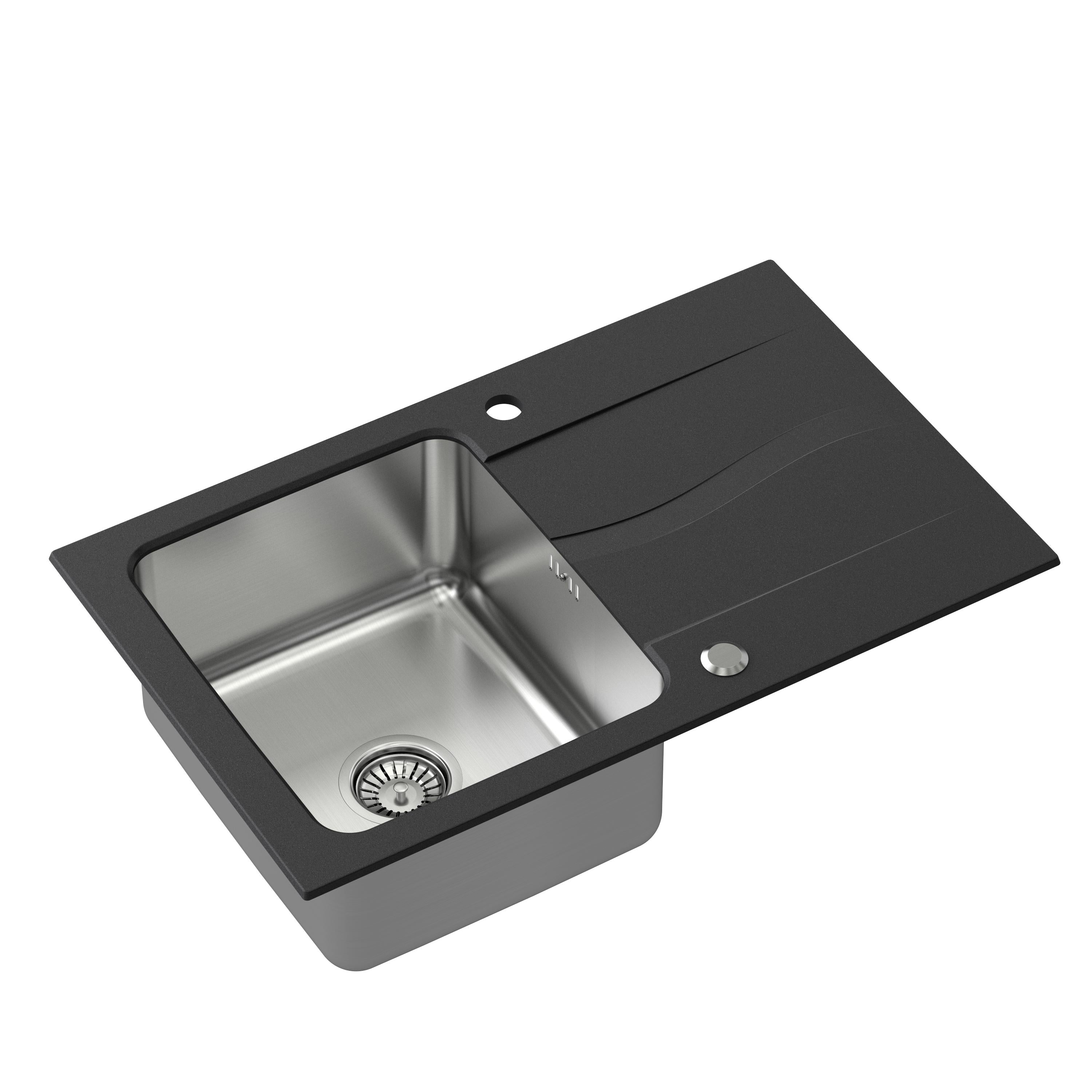 Zlewozmywak granitowo-stalowy 78x48 cm Steiner MICHAEL 111 Fusion Steingran Hybrid Plus czarny z komorą stalową z syfonem manualnym i zaślepką FUS_M7848CZ