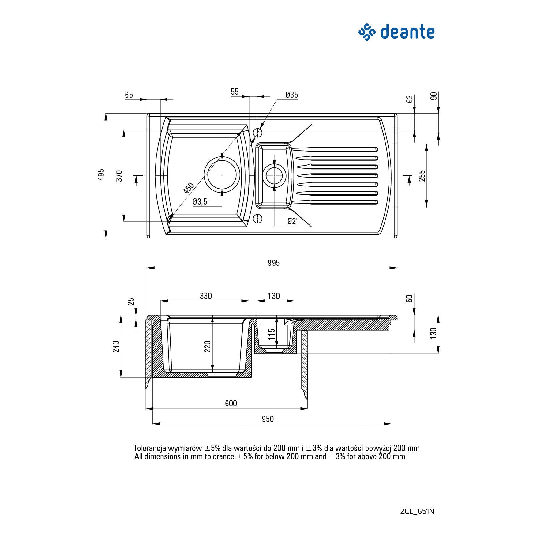 Zlewozmywak ceramiczny 1.5-komorowy z ociekaczem Deante Lusitano ZCL_651N 2