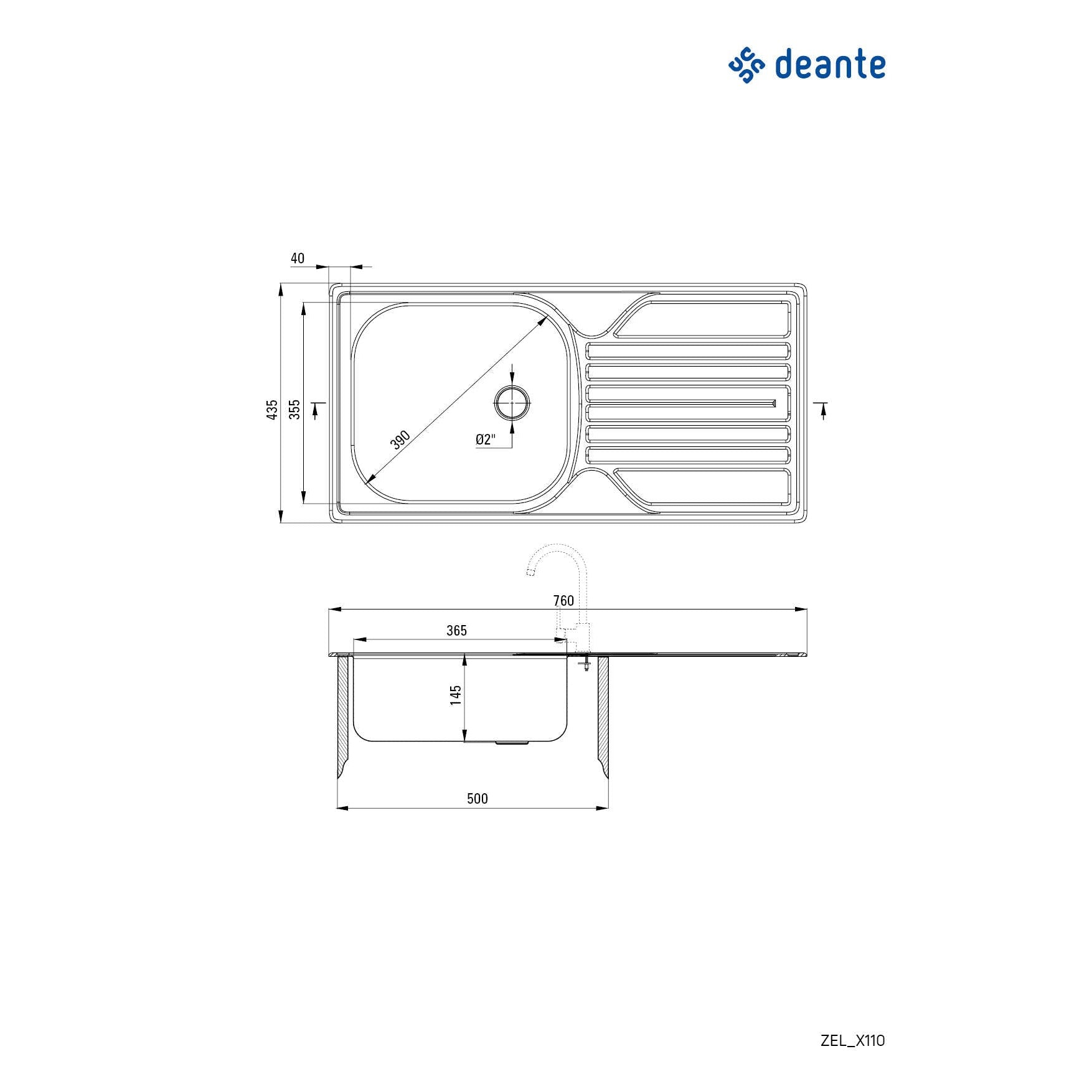 Zlewozmywak stalowy 1-komorowy z ociekaczem - odpływ 2" Deante Legato ZEL_0110 2