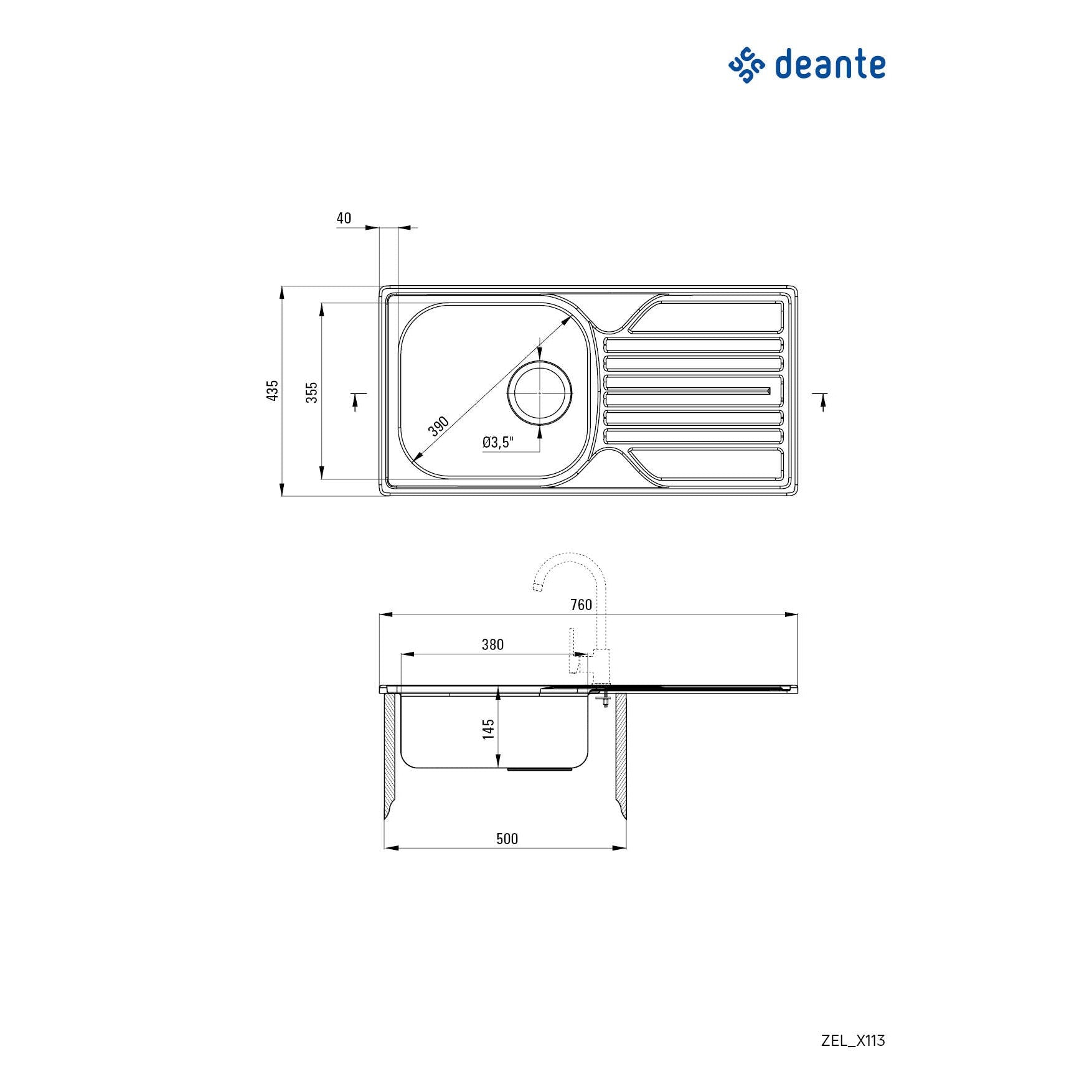 Zlewozmywak stalowy 1-komorowy z ociekaczem - odpływ 3.5" Deante Legato ZEL_0113 2