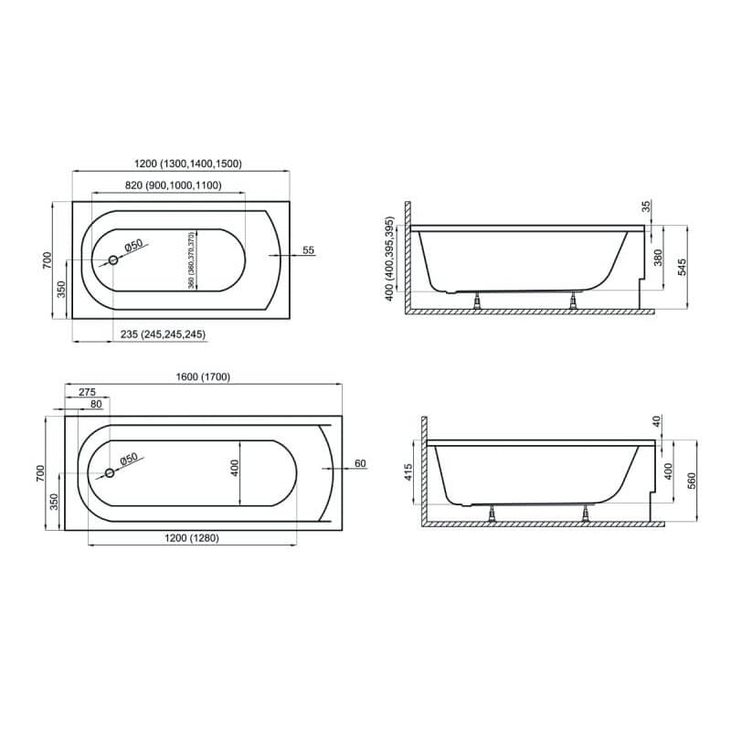 Wanna do zabudowy 120x70 CLASSIC Polimat