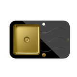 Zlewozmywak szklany czarny z komorą stalową złotą Quadron Glen 211 HardQ z syfonem Push 2 Open