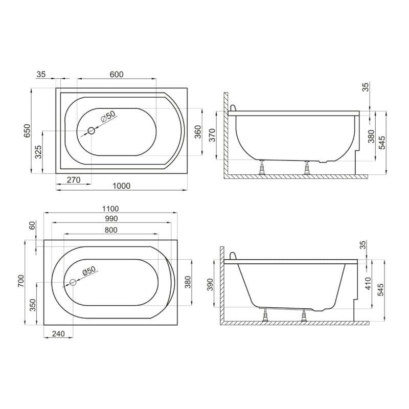 Wanna mała prostokątna 100x65 MINI Polimat