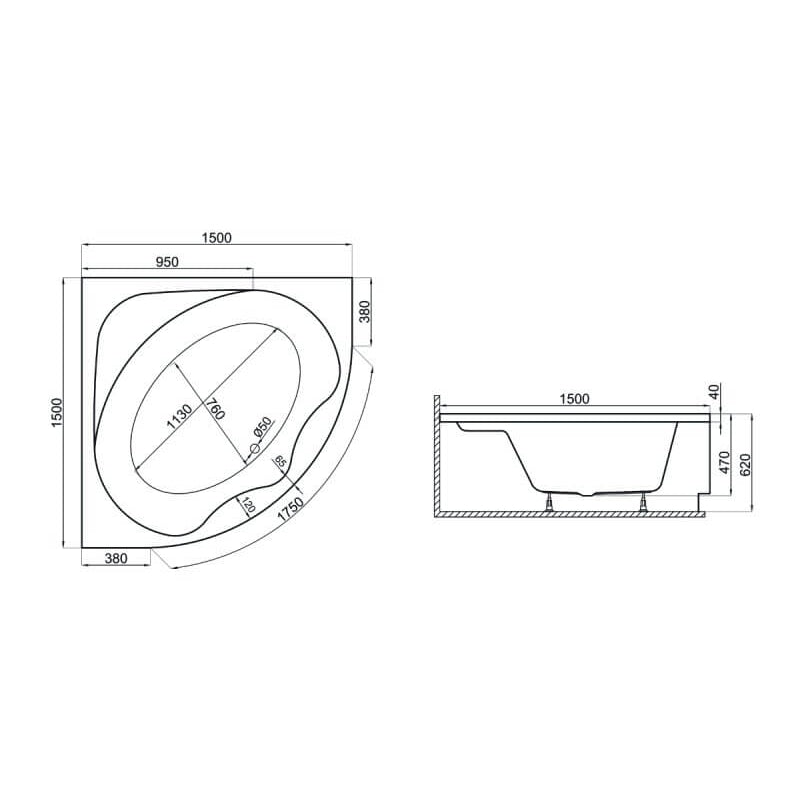 Wanna narożna symetryczyna 150x150 STANDARD Polimat