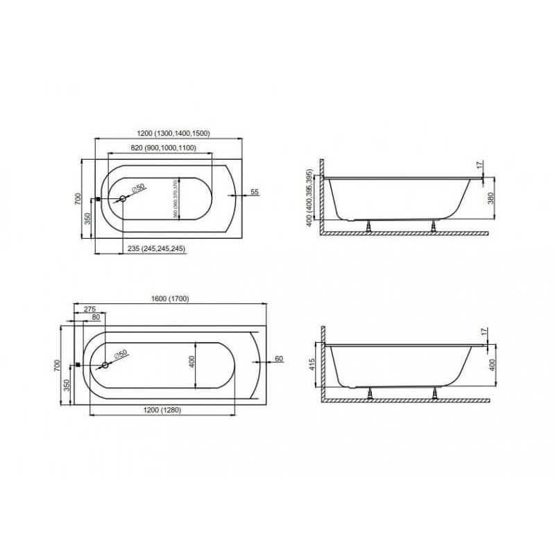 Wanna do zabudowy 150x75 CLASSIC SLIM Polimat